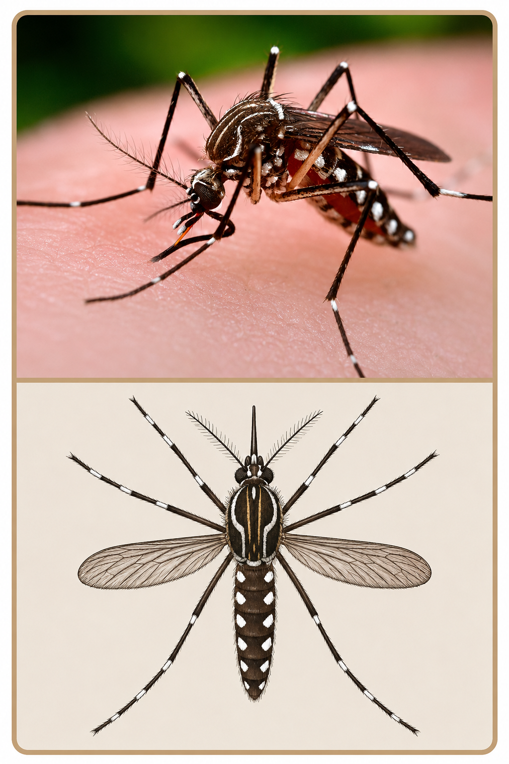 Photographie et illustration morphologique d’Aedes aegypti