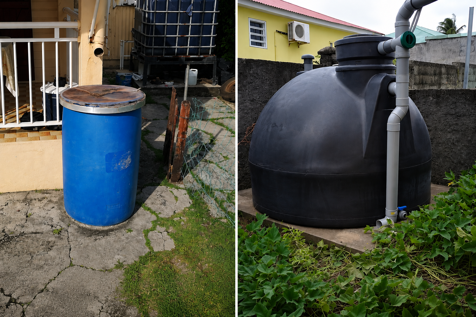 Baril et citerne servant au stockage de l’eau