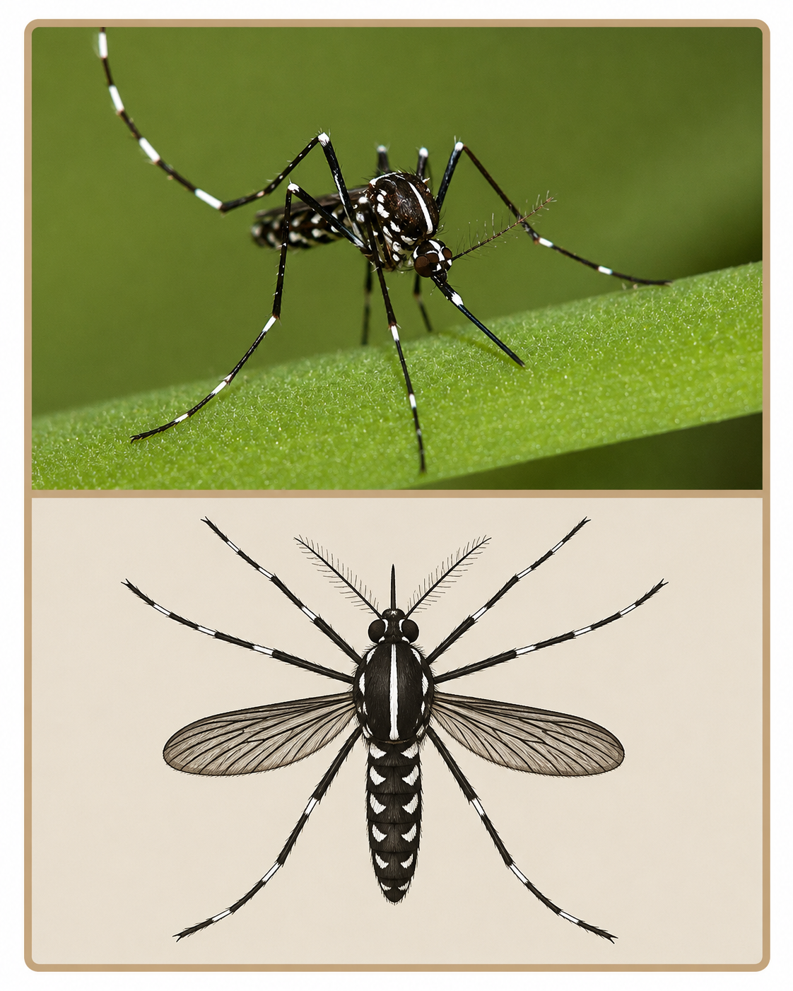 Photographie et illustration morphologique d’Aedes albopictus