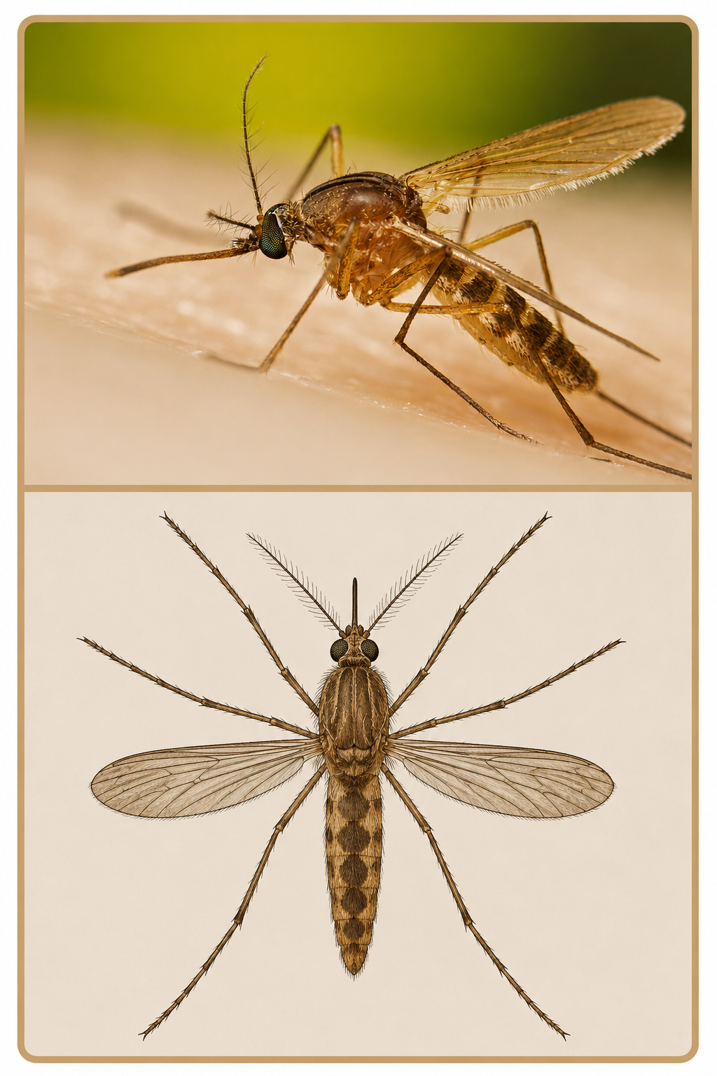 Photographie et illustration morphologique de Culex quinquefasciatus