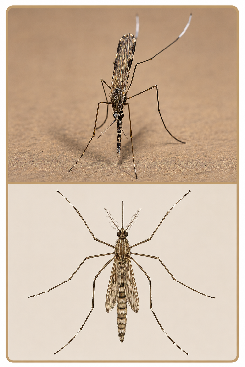 Photographie et illustration morphologique d’un moustique du genre Anopheles